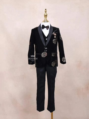 Black Kids Coat Suit Adorned with Sequins Floral Design Attached with Bow - Diadem