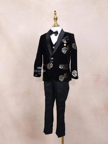 Black Kids Coat Suit Adorned with Sequins Floral Design Attached with Bow - Diadem