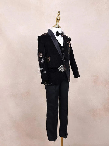 Black Kids Coat Suit Adorned with Sequins Floral Design Attached with Bow - Diadem