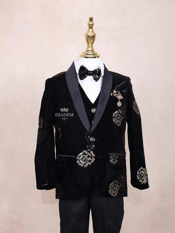 Black Kids Coat Suit Adorned with Sequins Floral Design Attached with Bow - Diadem