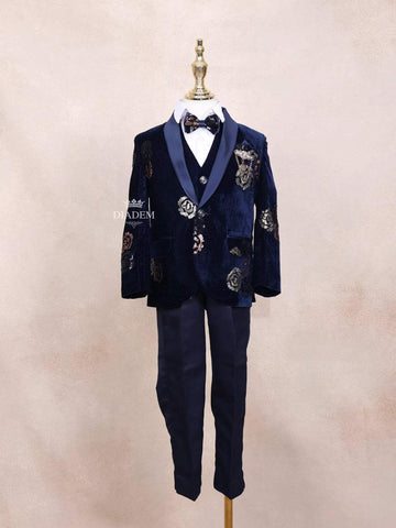 Navy Blue Coat Suit Embellished with Sequins and Floral Design Attached with Bow - Diadem
