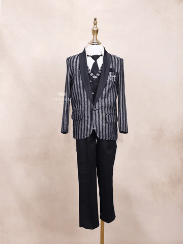 Black Kids Coat Suit Adorned with Glitters and Stripes Design with Tie - Diadem
