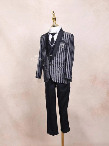 Black Kids Coat Suit Adorned with Glitters and Stripes Design with Tie - Diadem