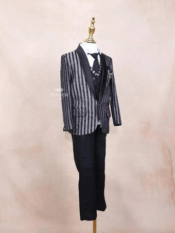 Black Kids Coat Suit Adorned with Glitters and Stripes Design with Tie - Diadem