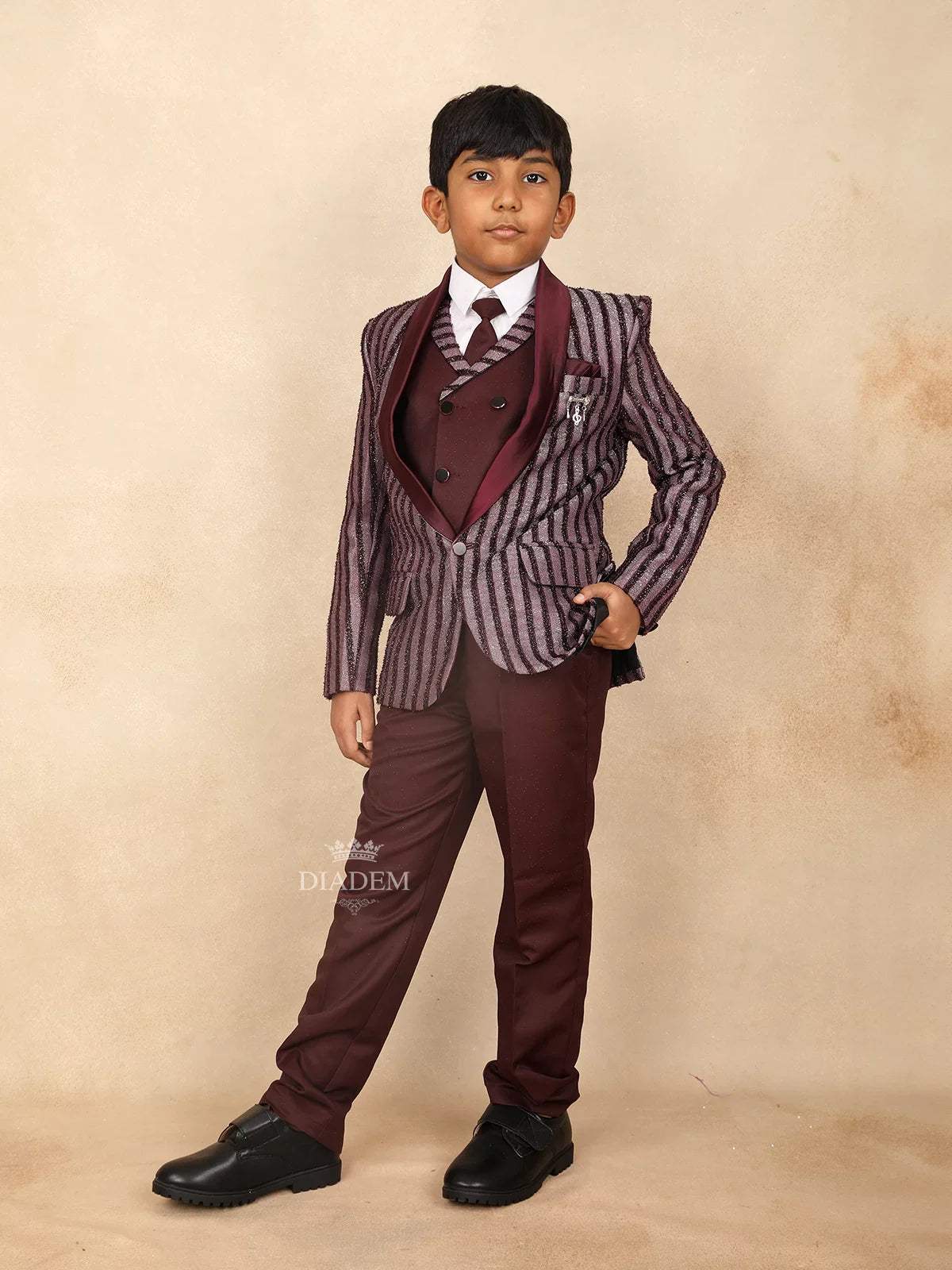Wine Kids Coat Suit Adorned with Glitters and Stripes Design with Tie - Diadem
