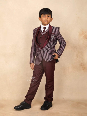 Wine Kids Coat Suit Adorned with Glitters and Stripes Design with Tie - Diadem