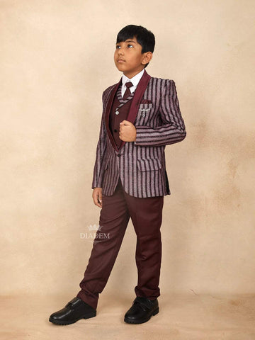 Wine Kids Coat Suit Adorned with Glitters and Stripes Design with Tie - Diadem