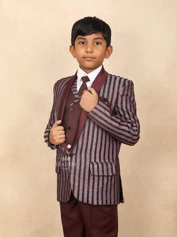 Wine Kids Coat Suit Adorned with Glitters and Stripes Design with Tie - Diadem