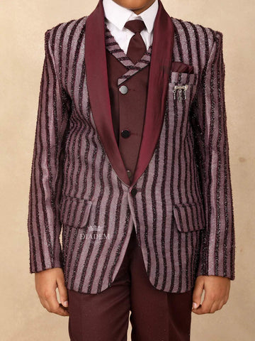Wine Kids Coat Suit Adorned with Glitters and Stripes Design with Tie - Diadem