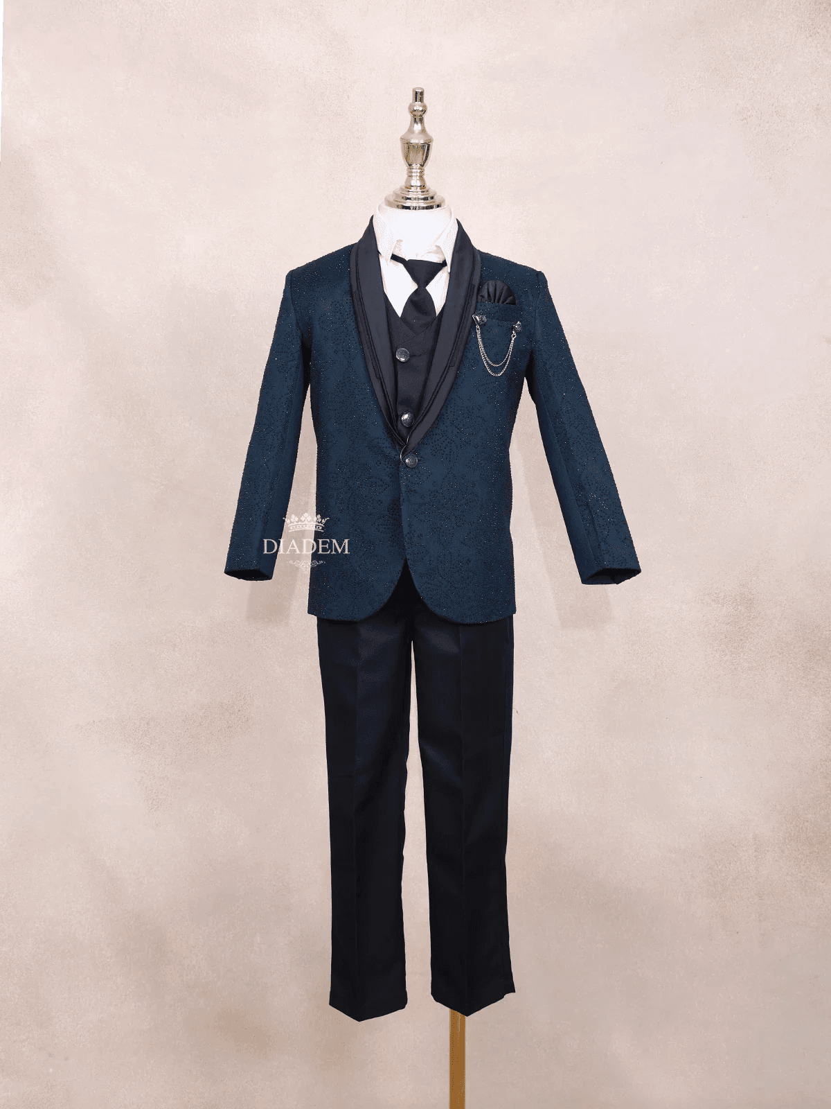 Teal Blue Kids Coat Suit Adorned with Glitters and Floral Design with Bow - Diadem