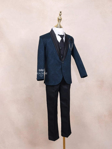 Teal Blue Kids Coat Suit Adorned with Glitters and Floral Design with Bow - Diadem