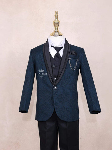 Teal Blue Kids Coat Suit Adorned with Glitters and Floral Design with Bow - Diadem