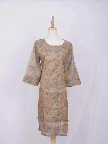 Light Peach Cotton Kurti Top Adorned with Flower Design prints without Dupatta - Diadem