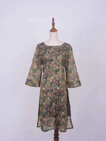Dark Green Cotton Kurti Top Adorned with Floral Prints without Dupatta - Diadem