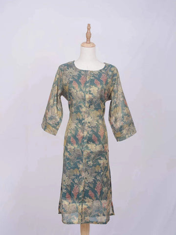 Light Green Cotton Kurti Top Adorned with Flower Design Prints without Dupatta - Diadem