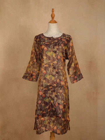 Brown Cotton Kurti Top Adorned with Floral Designs - Diadem