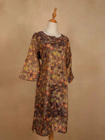 Brown Cotton Kurti Top Adorned with Floral Designs - Diadem