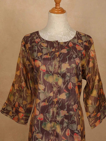 Brown Cotton Kurti Top Adorned with Floral Designs - Diadem
