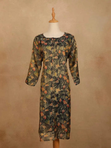 Bottle Green Cotton Kurti Top Adorned with Leaf and Floral Design Prints Without Dupatta - Diadem