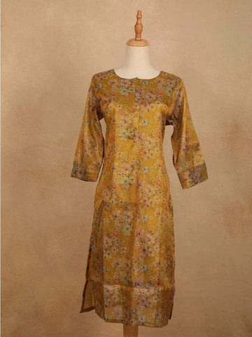 Mustard Yellow Cotton Kurti Top Adorned with Flower Prints, Without Dupatta - Diadem