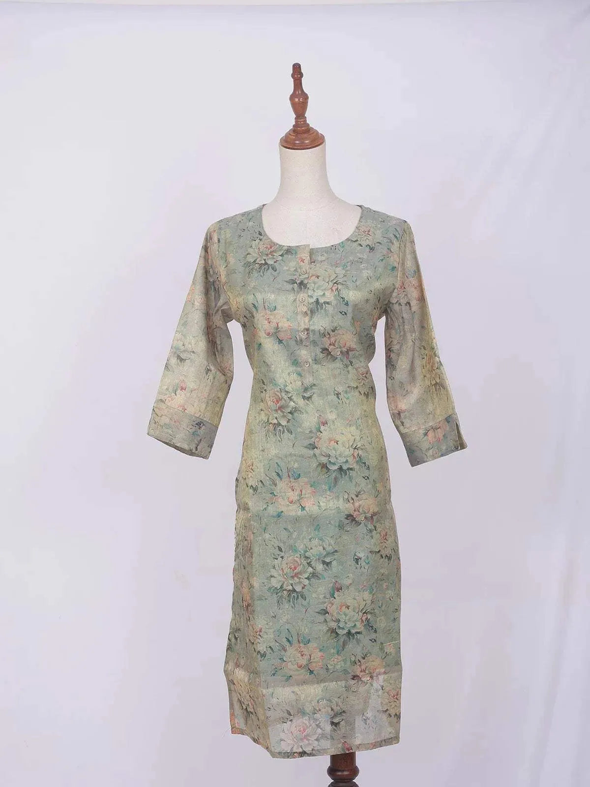 Light Teal Green Cotton Kurti Top Adorned with Flower Design Prints without Dupatta - Diadem