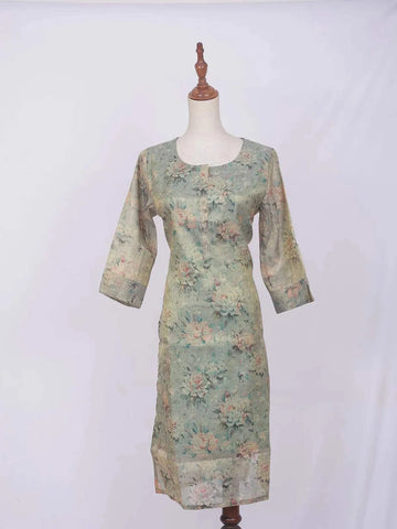 Light Teal Green Cotton Kurti Top Adorned with Flower Design Prints without Dupatta - Diadem