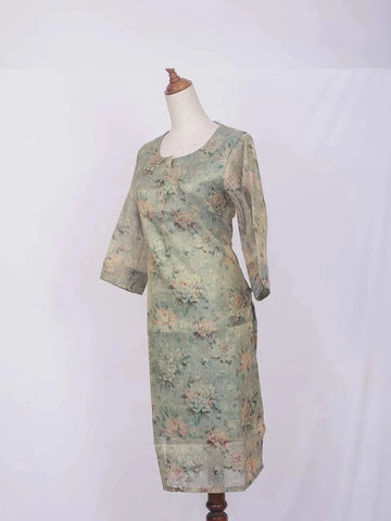 Light Teal Green Cotton Kurti Top Adorned with Flower Design Prints without Dupatta - Diadem