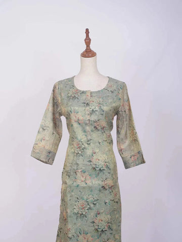 Light Teal Green Cotton Kurti Top Adorned with Flower Design Prints without Dupatta - Diadem