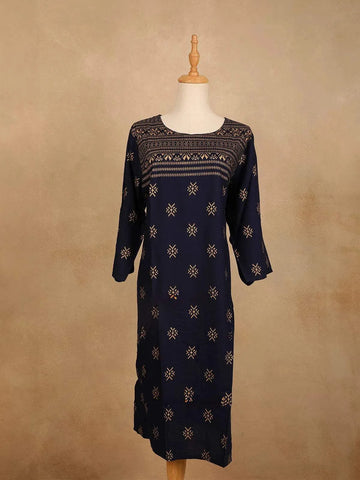 Navy Blue Cotton Kurti Top Adorned with Design Prints - Diadem