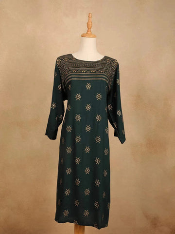 Green Cotton Kurti Top Adorned with Design Prints - Diadem