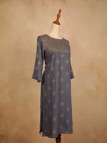 Dark Grey Cotton Kurti Top Adorned with Design Prints, Without Dupatta - Diadem