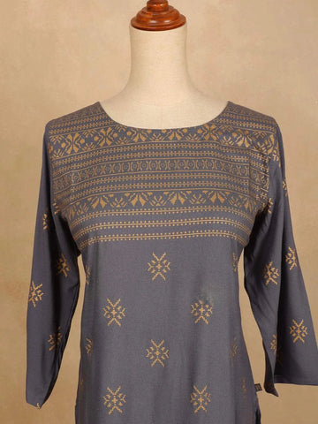 Dark Grey Cotton Kurti Top Adorned with Design Prints, Without Dupatta - Diadem