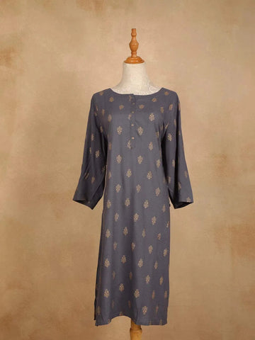 Grey Cotton Kurti Top Adorned with Design Prints, without Dupatta - Diadem