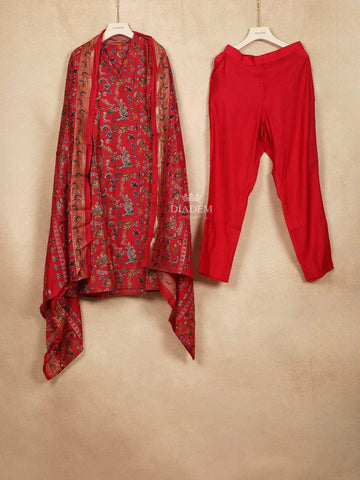 Red Cotton Straight Cut Salwar Suit for Women Adorned with Floral Prints paired with Dupatta - Diadem