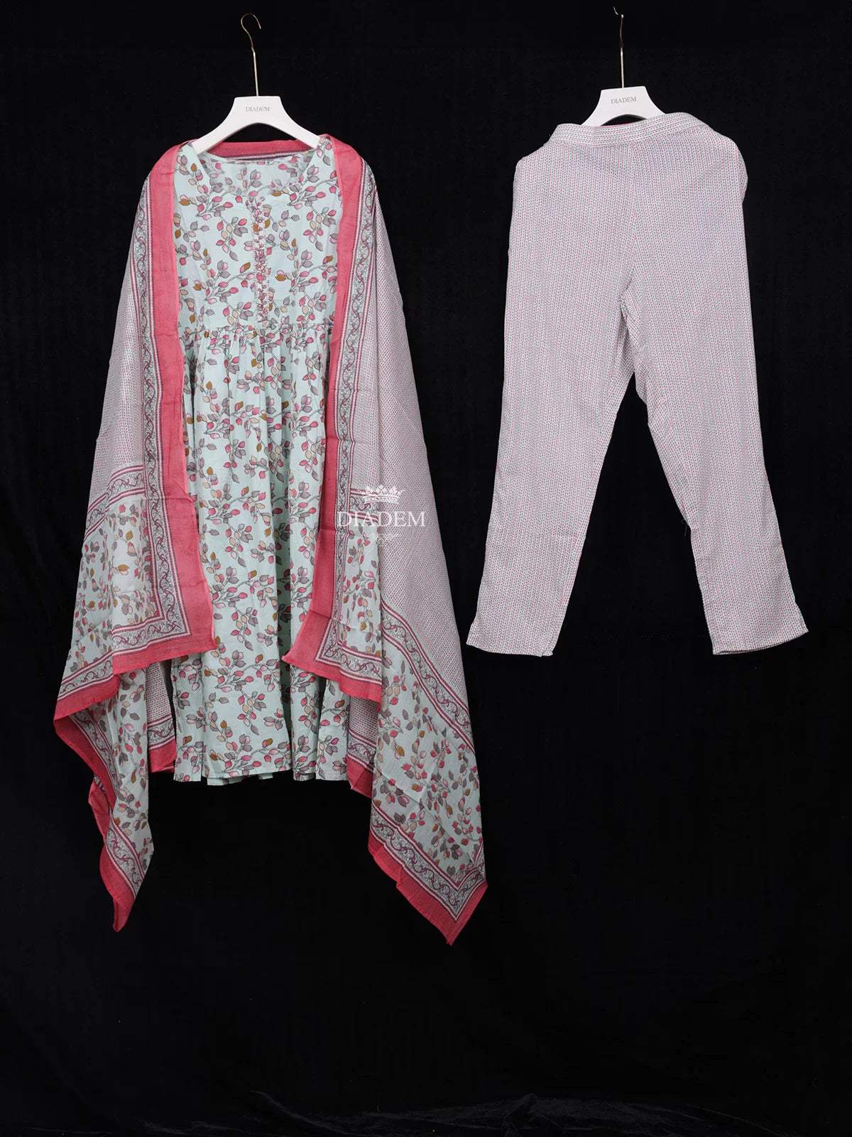 Light Green Cotton Straight Cut Salwar Suit for Girls Adorned with Floral Prints Paired with Dupatta - Diadem