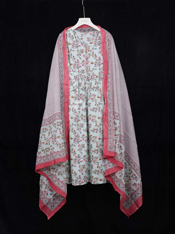 Light Green Cotton Straight Cut Salwar Suit for Girls Adorned with Floral Prints Paired with Dupatta - Diadem
