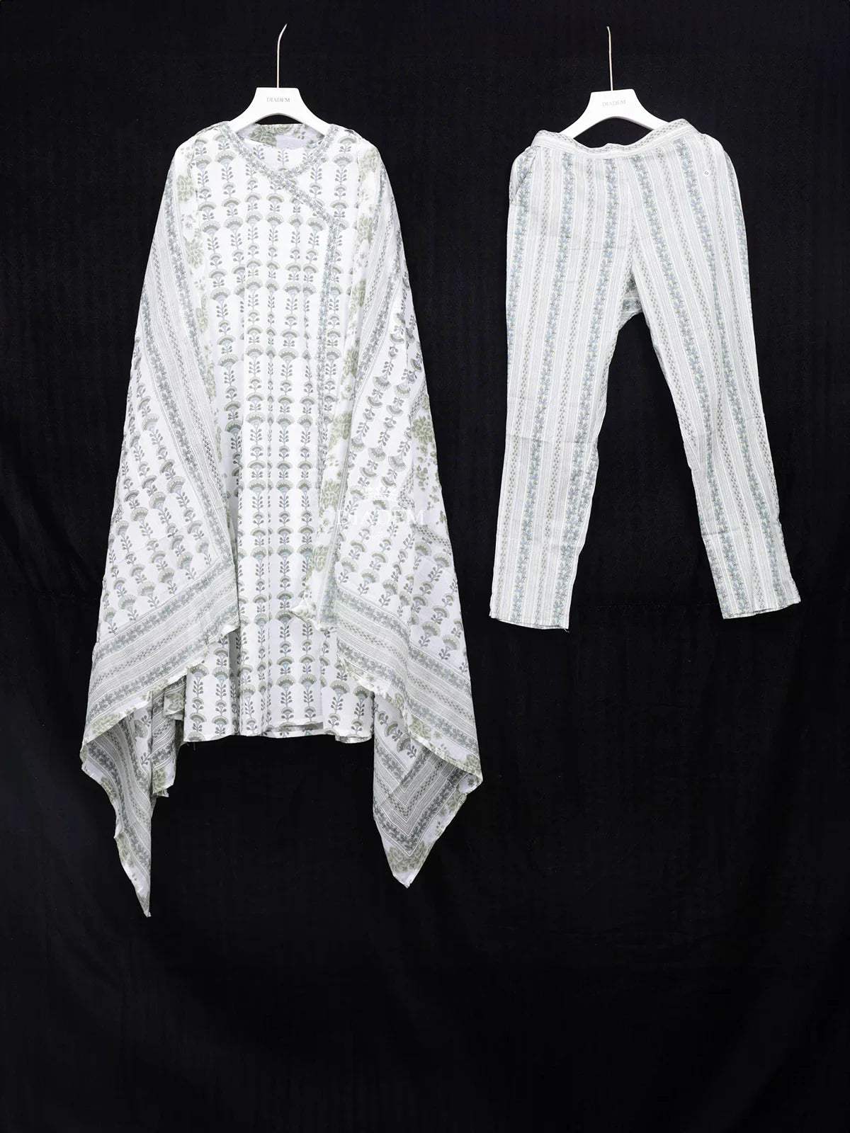 Ivory with Pista Green Cotton Straight Cut Salwar Suit Adorned with Floral Prints paired with Dupatta - Diadem