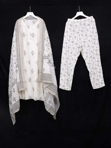 Ivory Cotton Straight Cut Salwar Suit Adorned with Floral Prints paired with Dupatta - Diadem
