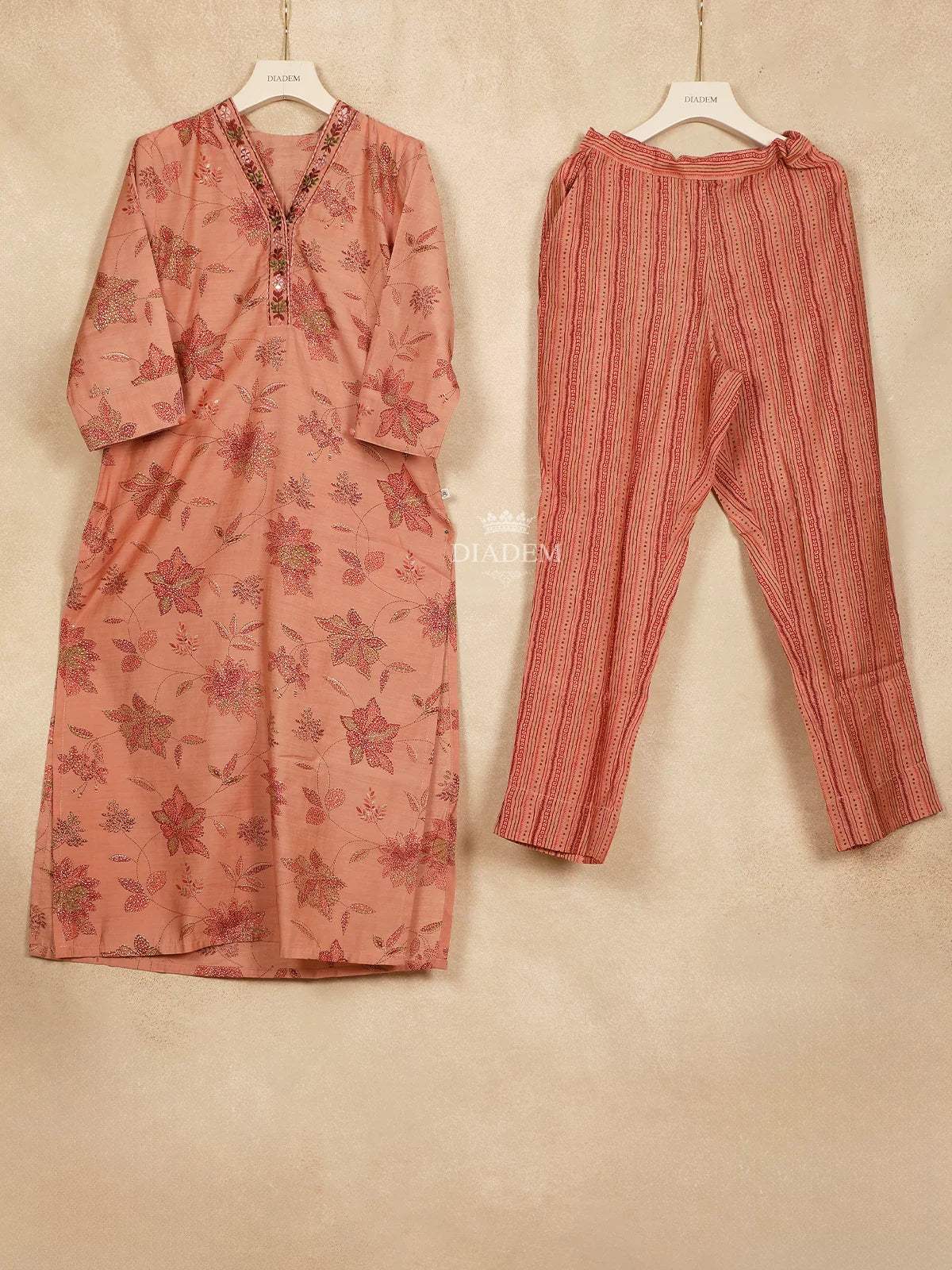 Peach Cotton Straight Cut Salwar Suit Adorned with Floral Prints - Diadem