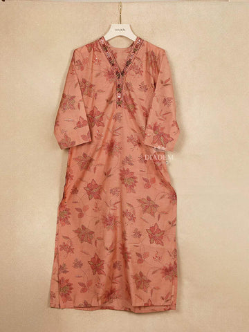 Peach Cotton Straight Cut Salwar Suit Adorned with Floral Prints - Diadem