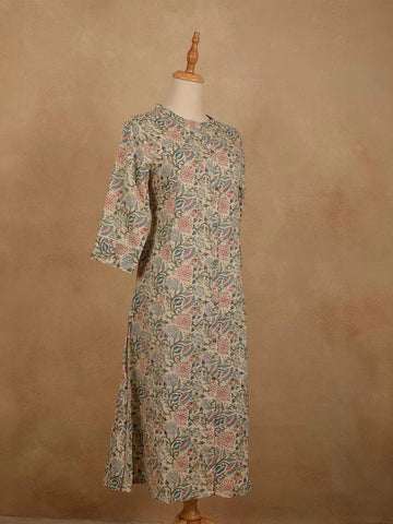Light Green Cotton Kurti Top Adorned with Sequince of Floral Design Prints, Without Dupatta - Diadem