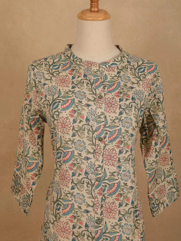 Light Green Cotton Kurti Top Adorned with Sequince of Floral Design Prints, Without Dupatta - Diadem