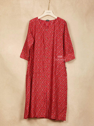 Red Cotton Straight Cut Salwar Suit for Women Adorned with Floral Prints - Diadem