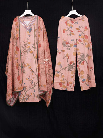 Light Peach Crepe Straight Cut Salwar Suit Adorned with Floral Prints paired with Dupatta - Diadem