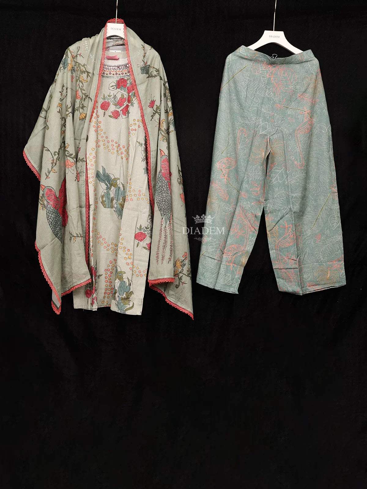 Pista Green Georgette Straight Cut Salwar Suit for Girls Adorned with Floral Prints and Embroidery, Paired with Dupatta - Diadem