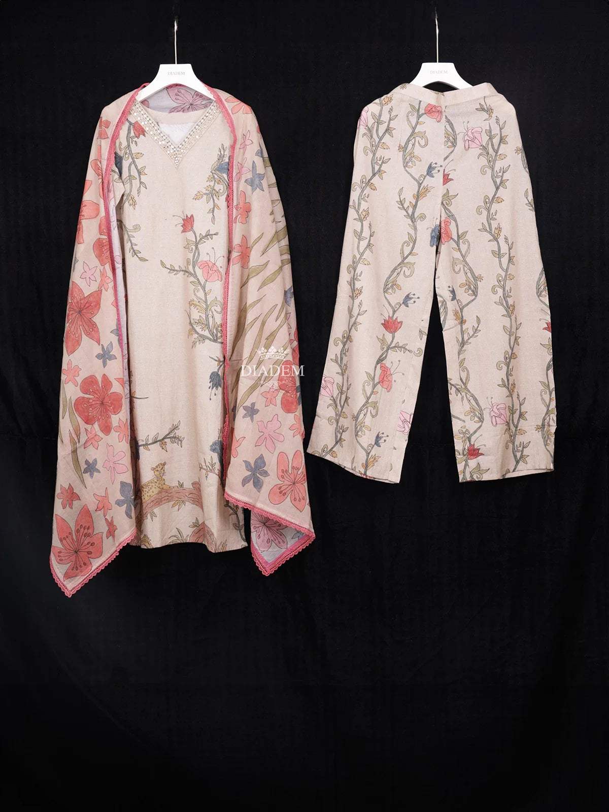 Light Brown Crepe Straight Cut Salwar Suit Adorned with Floral Prints paired with Dupatta - Diadem