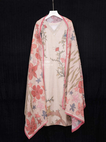 Light Brown Crepe Straight Cut Salwar Suit Adorned with Floral Prints paired with Dupatta - Diadem