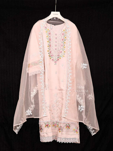 Light Peach Crepe Straight Cut Salwar Suit Adorned with Floral Embroidery, Paired with Dupatta - Diadem