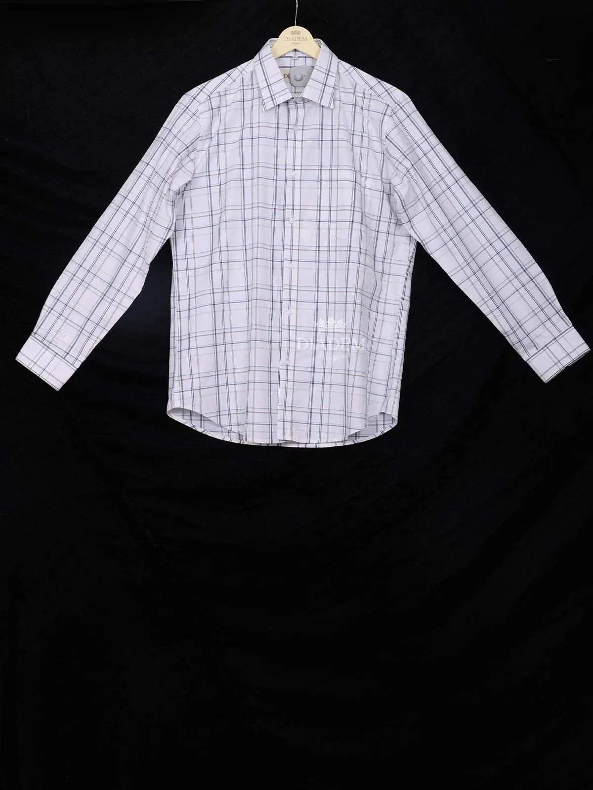 White Cotton Shirt with Checks Design, Full Sleeve - Diadem