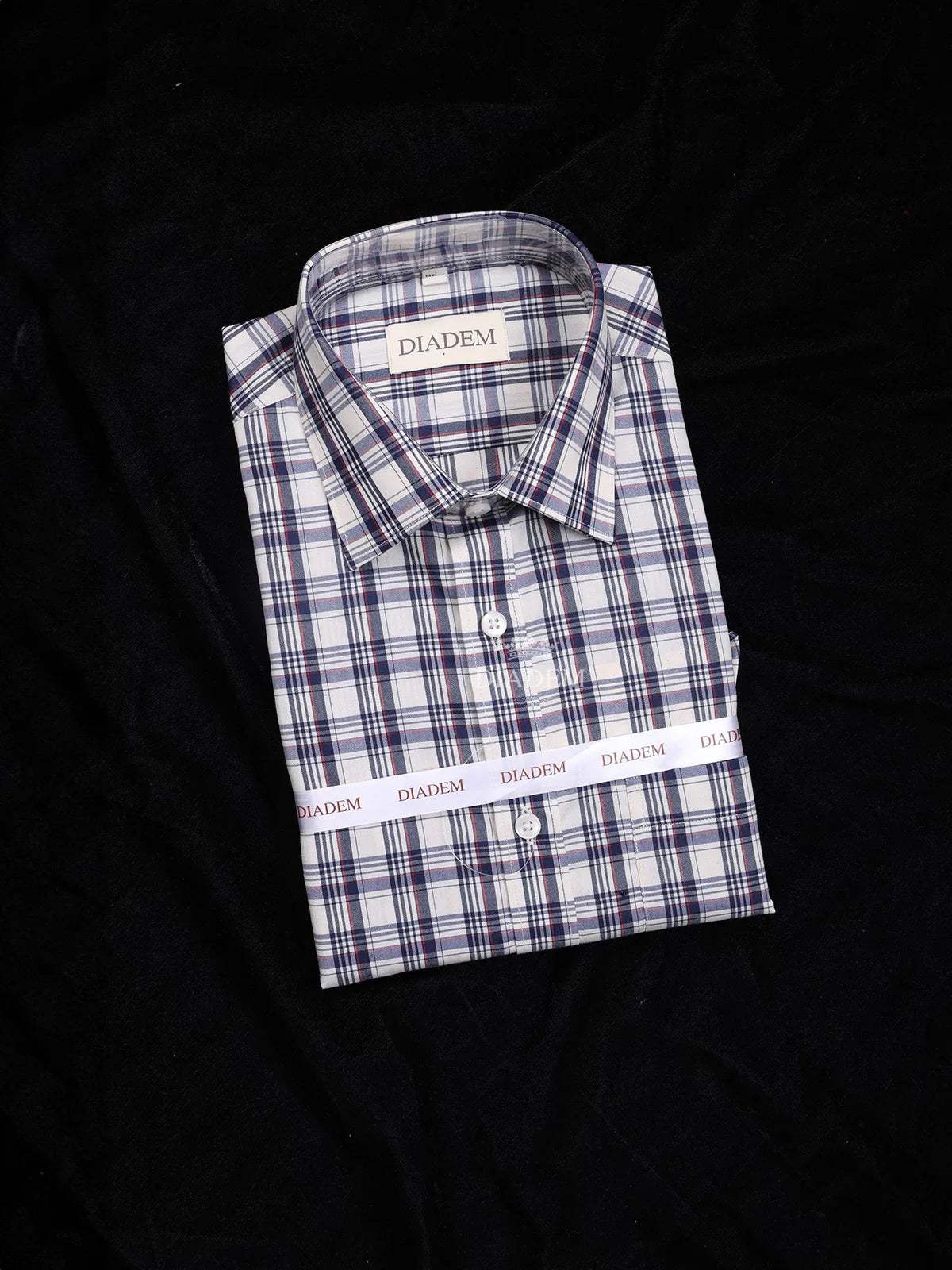 Cream Cotton Formal Shirt with Stripes and Checked Design - Diadem